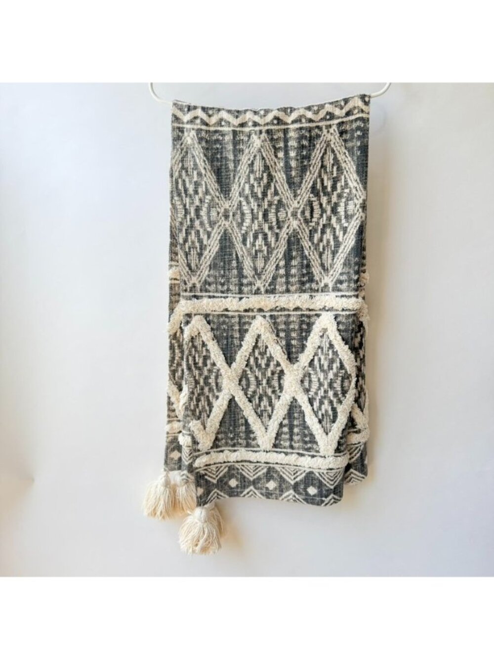 Aphorism Boho Geometric Woven Throw Blanket Charcoal Cream